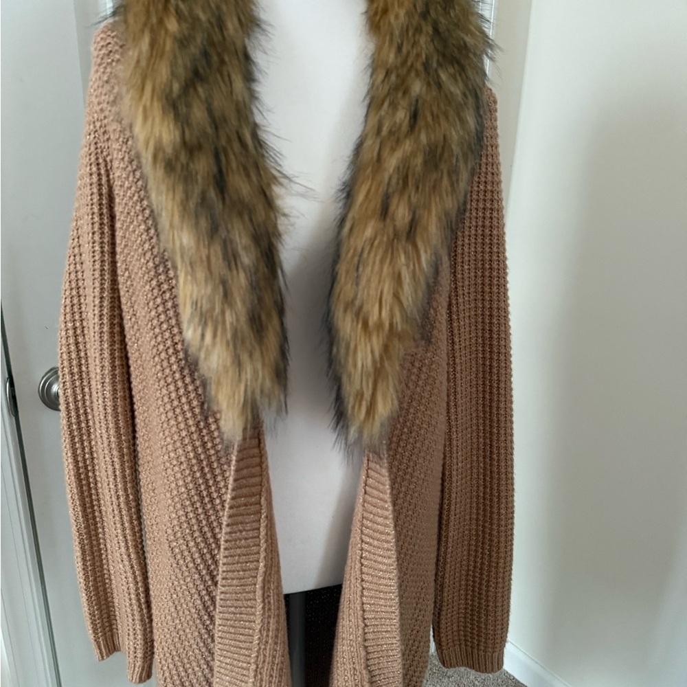 Lilly Pulitzer Tan Cardigan with Faux Fur Collar